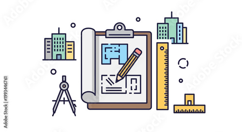Architectural blueprint plan with construction design tools and city buildings flat illustration
