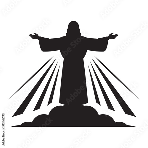 Jesus Christ silhouette with rays of light from heaven above clouds on white background.