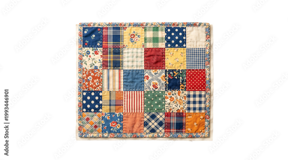 Obraz premium A colorful patchwork quilt with various patterns and textures on display