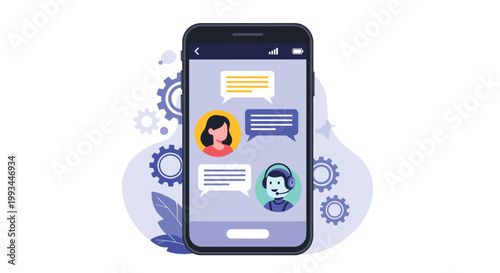 Mobile phone screen displaying online customer support or messaging app with male and female avatars and chat bubbles.