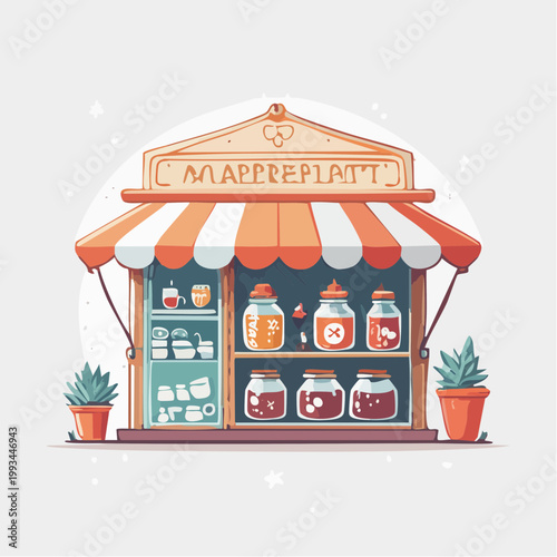 Charming Market Stall with Jars of Preserves and Drinks