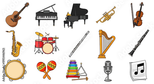 Collection of diverse musical instruments on white background.
