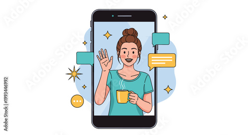 Smiling woman holding coffee cup and waving during video call on smartphone screen with colorful chat icons and stars.