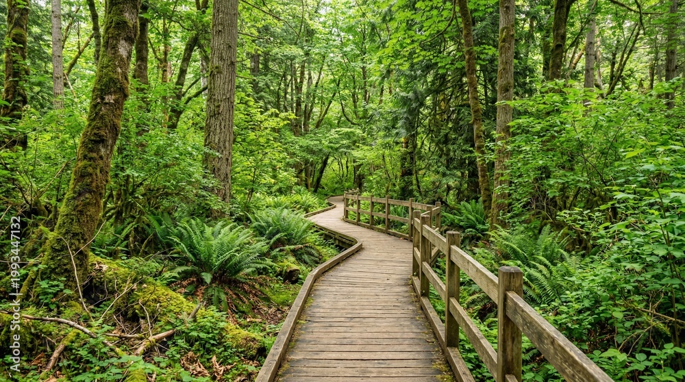 Fototapeta premium Serene Forest Boardwalk Path Winding Through Lush Green Nature