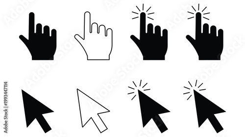 Set of hand cursor and mouse pointer icon set - click, select, point symbols.