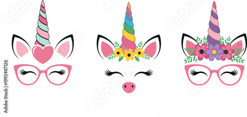 Cute Unicorn Face Elements Vector Set with Horn, Glasses, Flowers, and Eyelashes for Kids Party Design, Fantasy Decoration, and Magical Character Illustration