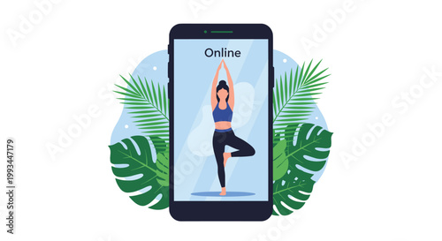 Young woman practicing yoga tree pose on smartphone screen surrounded by large tropical green monstera and palm leaves.