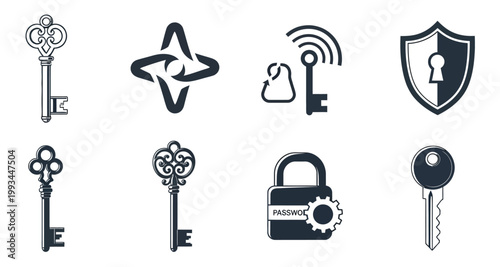 Security icons set keys locks shields and access control symbols