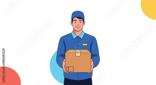 Friendly delivery man in blue uniform and cap holding cardboard package box for courier service advertisement.