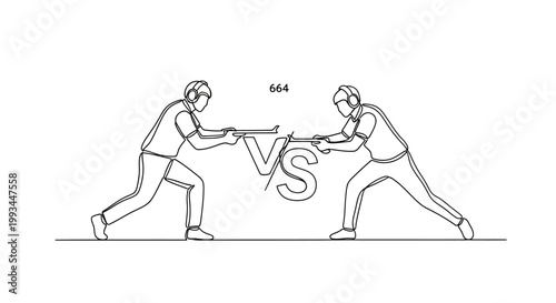Two people fencing duel, competitive sports, abstract line art illustration