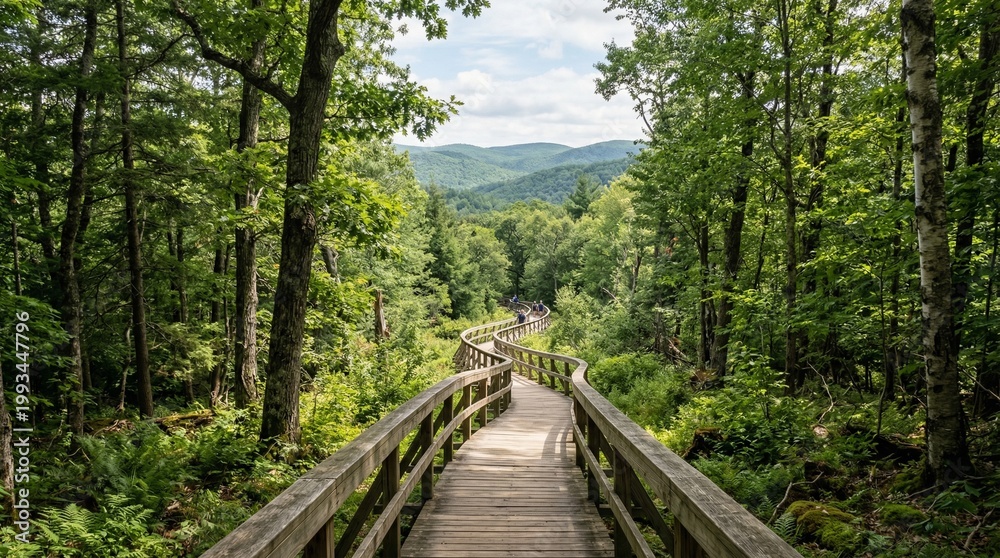 Obraz premium Wooden Boardwalk Winding Through Lush Green Forest Towards Distant Mountains