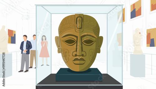 Museum Visitors Appreciate Ancient Mask in Glass Case