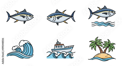 Set of ocean and seafood icons: tuna, waves, boat, island, palms