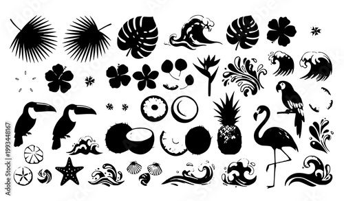 A collection of tropical icons and silhouettes in black and white