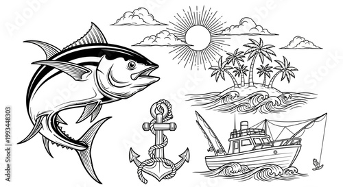 Vintage style tuna fishing illustration with boat anchor and tropical island