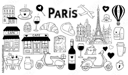 A black and white vector illustration of Parisian landmarks and symbols