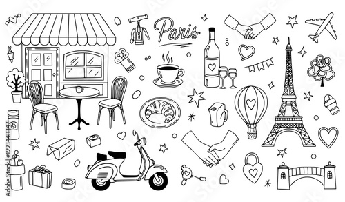 A black and white vector illustration of Parisian icons and symbols