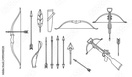 A collection of various archery weapons and tools in a simple line art style