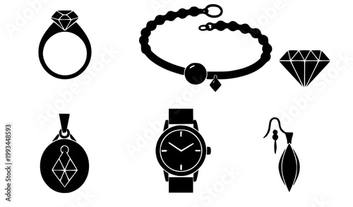 A set of minimalist black silhouettes of jewelry and accessories on a white background