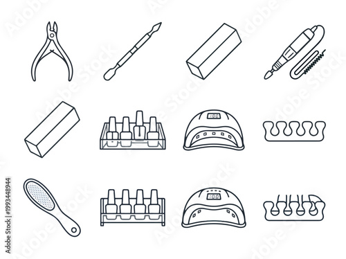 Nail Care Tools and Equipment Collection Icons.