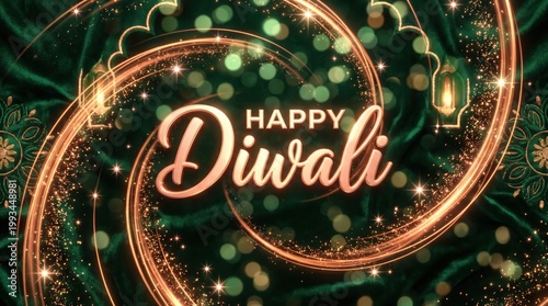 Elegant Happy Diwali Greeting Card with Golden Swirls on Emerald Green Velvet Background