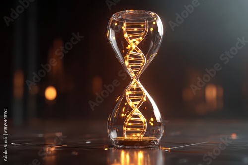 DNA Hourglass: A captivating conceptual image of a DNA strand within an hourglass, embodying the essence of time, genetics, and the intricate dance of life.
