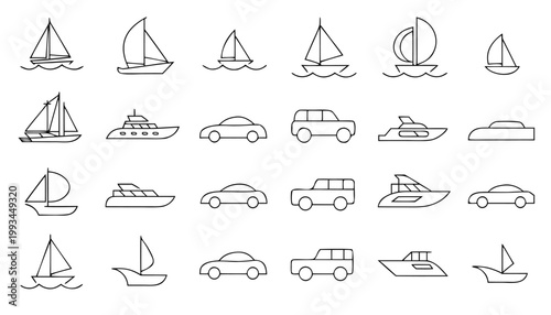 Hand-drawn outline icons of vehicles: cars and boats with black and white transport automobile watercraft illustration collection transportation automotive nautical sailboat abstract