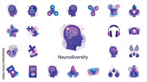 A Comprehensive Iconographic Collection Illustrating Neurodiversity, Cognitive Inclusion, and Sensory Processing Support Systems