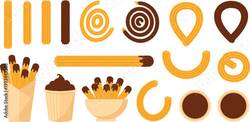 Churros Dessert Icon Set Featuring Chocolate Dipped Spanish Pastry, Sweet Snacks, Cups, and Swirls in Delicious Flat Vector Illustration Style