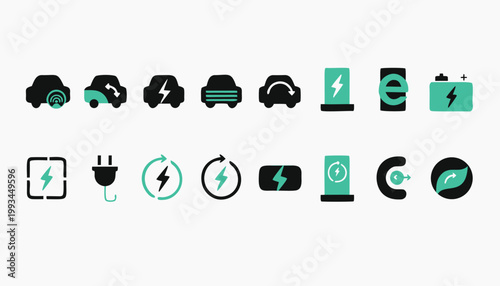 Electric vehicle and energy icons charging symbols and battery motifs e mobility charge point battery icon plug icon leaf icon green energy electric charging electricity lightning