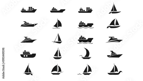 Collection of watercraft silhouettes: cargo ships sailboats yachts with cargo ship speed boat sailboat transport watercraft maritime transportation illustration collection motorboat