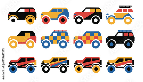 Set of cartoon off-road vehicle icons and illustrations with multi colored illustration transportation collection recreation adventure automotive children isolated background