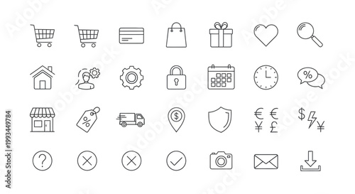 Online shopping and e-commerce line icons set.