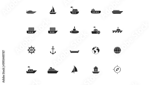 Collection of nautical icons including boats ships anchor helm globe with cruise ship cargo ship fishing boat speed boat sailboat submarine watercraft nautical transport illustration
