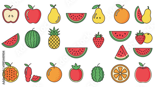 Diverse set of fruit icons featuring apples, pears, watermelons, pineapple, oranges, and strawberries arranged in a grid pattern.
