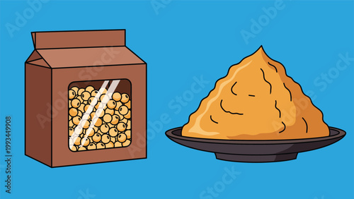 Brown bag of raw soybeans placed next to a generous portion of fermented miso paste served on a small plate against a blue sky.