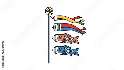 Colorful Japanese carp streamers known as koinobori flying from a pole for the celebration of children day against a white background.