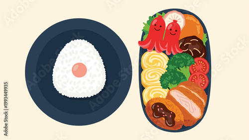 Japanese lunch presentation consisting of a triangular onigiri rice ball and a bento box filled with sausages, omelet, and tonkatsu.