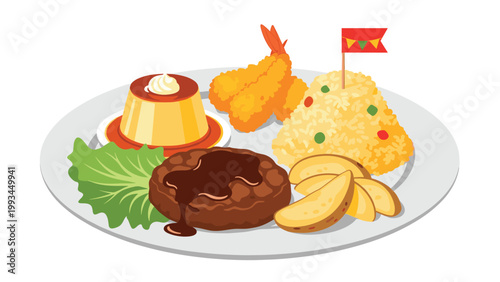 Traditional children meal plate featuring hamburger steak with sauce, fried rice with a flag, pudding, fried shrimp, and potato wedges.