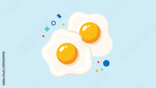 Two fried eggs sunny side up surrounded by playful colorful geometric shapes on a light blue background for breakfast food concepts.