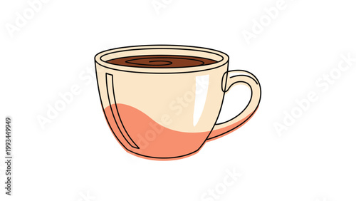 Simple illustration of a ceramic coffee cup filled with dark liquid featuring soft orange shadows on a clean white background.