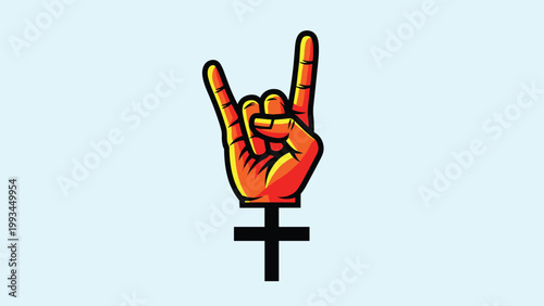 Powerful hand gesture combining the rock and roll sign with a female gender symbol or cross at the wrist on a light blue background.