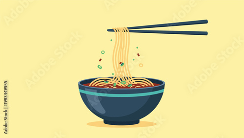 Bowl of delicious ramen noodles being lifted high with dark chopsticks with small green garnish pieces scattered around the bowl.