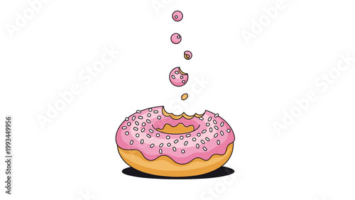 Pink glazed donut with white sprinkles showing a bite taken out of it with small crumbs falling against a white background.