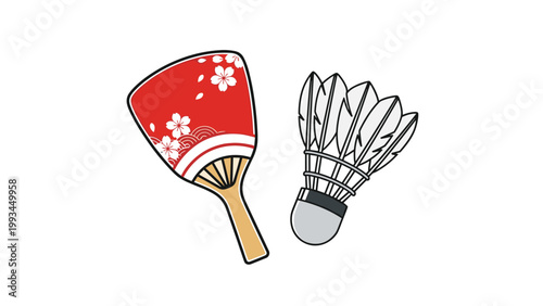 Traditional Japanese New Year game equipment featuring a red decorated hagoita paddle and a white feathered shuttlecock.