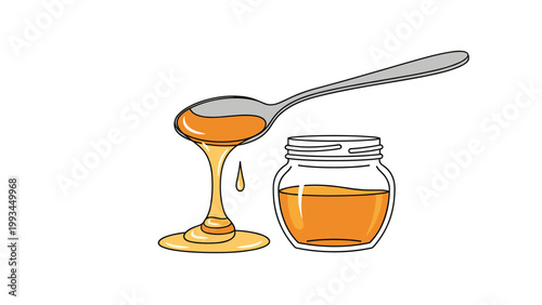 Glass jar filled with golden honey next to a silver spoon dripping with thick sweet syrup onto a small pool of honey on white.
