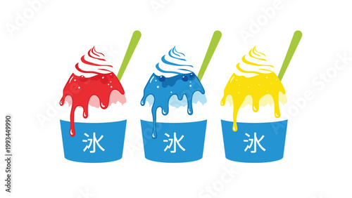 Trio of refreshing Japanese shaved ice desserts with red, blue, and yellow syrup toppings and spoons on a white background.