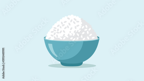 Simple blue bowl filled with a generous mound of steamed white rice isolated on a soft light blue background for culinary themes.