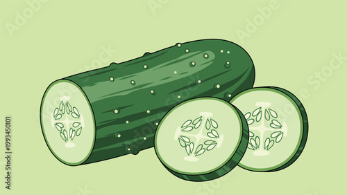 Whole green cucumber and two round slices are illustrated against a light green background to show fresh and healthy garden vegetables.