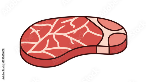 Thick cut of raw red steak with white marbling and a fat cap is illustrated in a simple vector style to represent fresh beef from a butcher.
